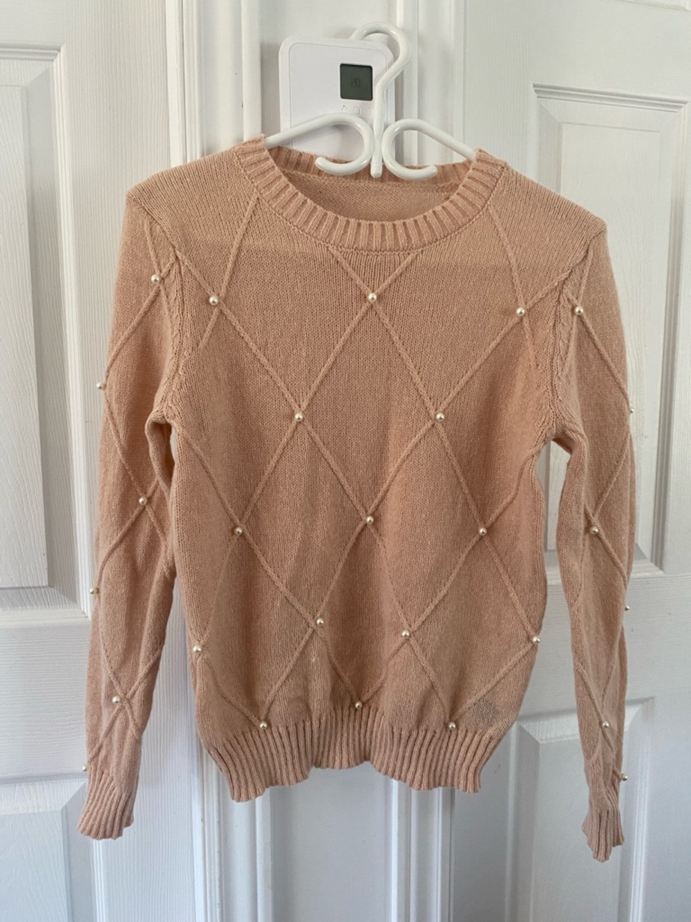 SHEIN Peach Pearl-Embellished Diamond Knit Crewneck Sweater